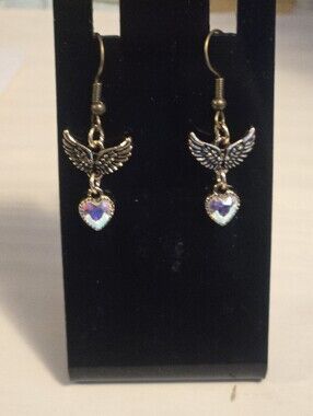 Gold Winged Heart Drop Earrings with Iridescent Crystal Hearts